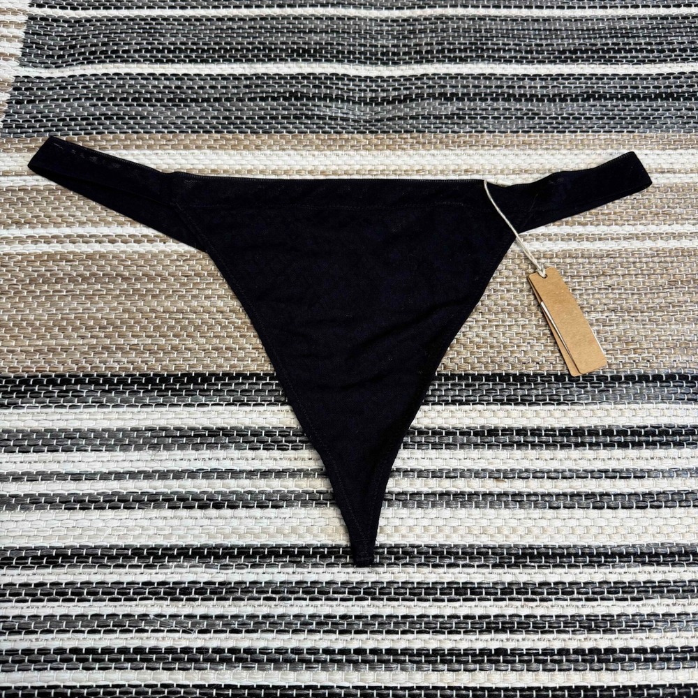 Skims Women's Logo Mesh Thong Underwear Polyamide Blend Sheer Stretch Onyx Sz 2X